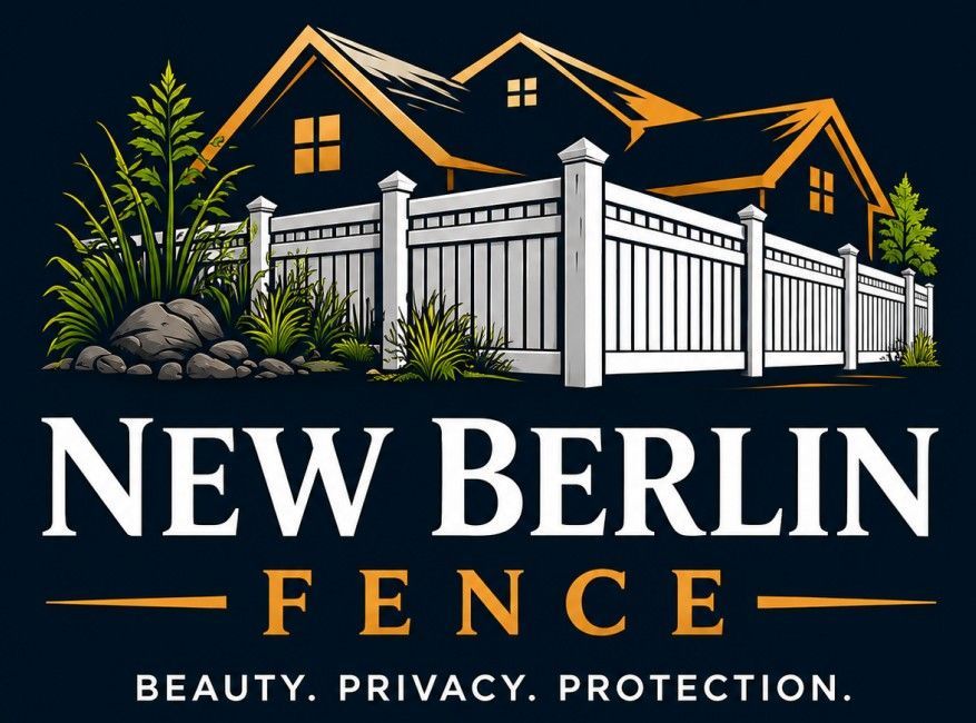 New Berlin Fence Logo with White Fence, House Graphic, Landscaping, Tagline, and Company Name in New Berlin, WI