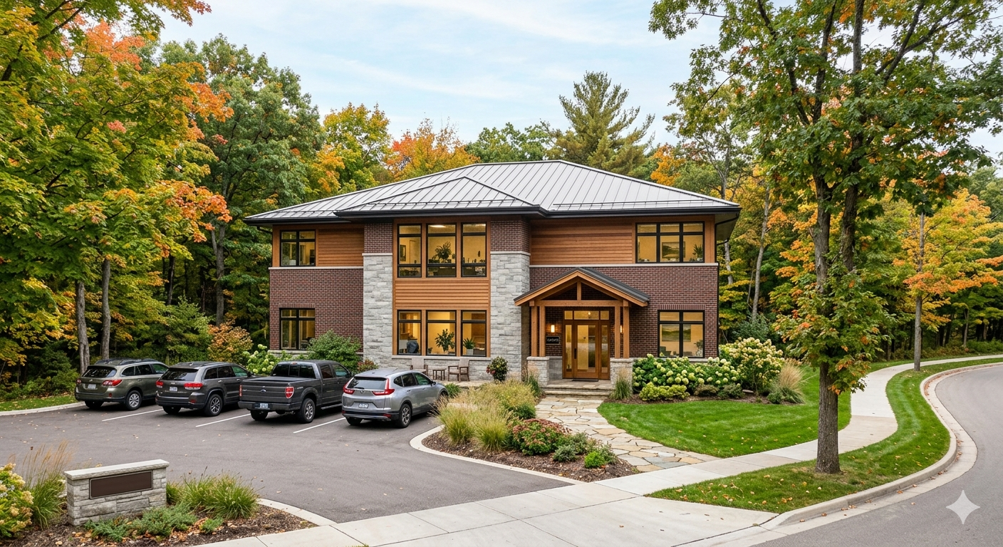 Two-story brick building with parked cars and autumn trees along a curved driveway
