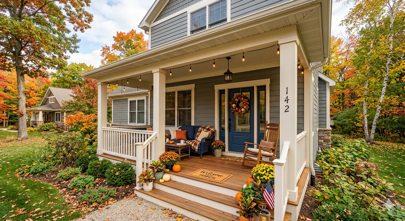Front porch of a beige house with white trim, autumn decorations, and pumpkins by the steps.