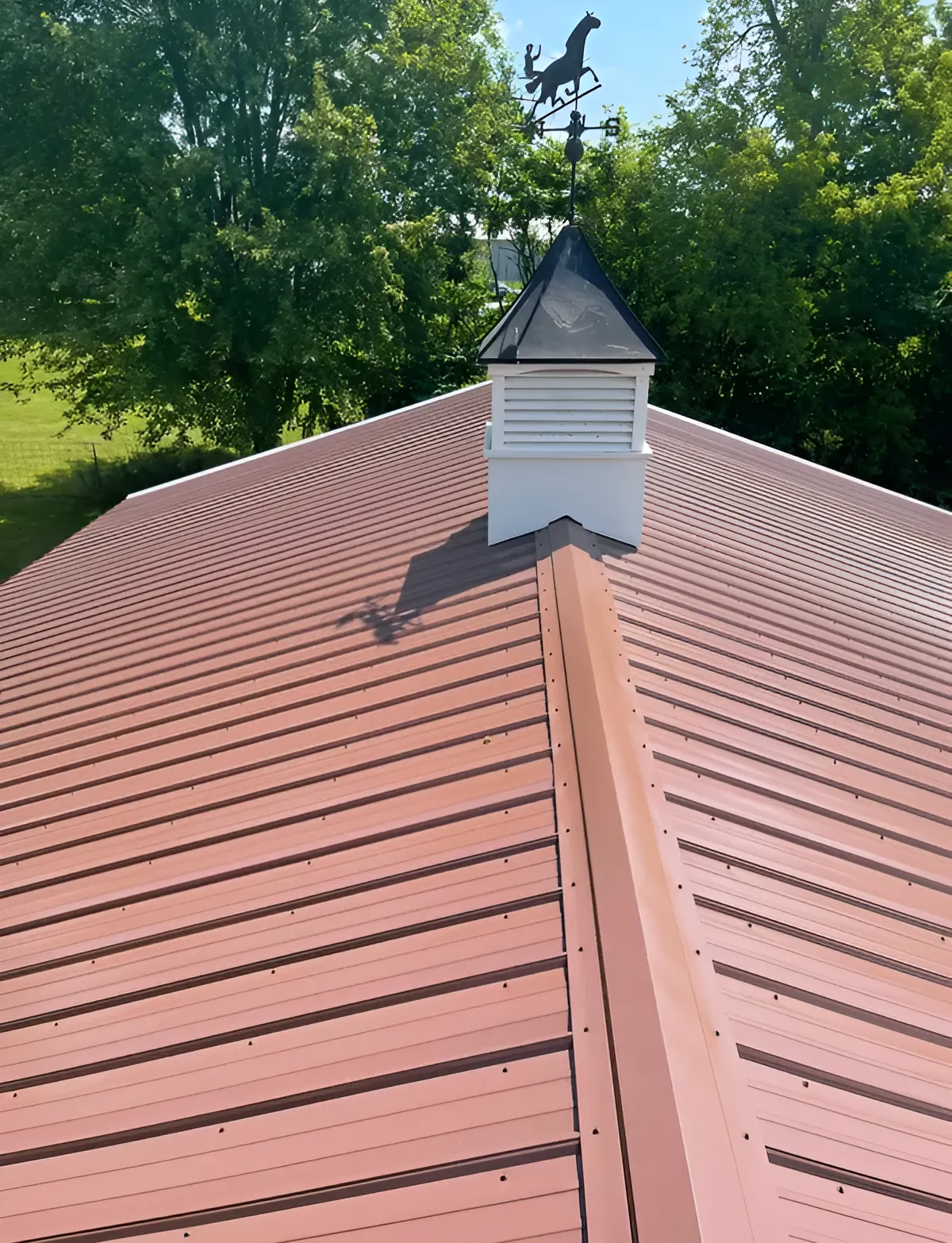 Red metal roof with a white cupola and weather vane, surrounded by trees and blue sky