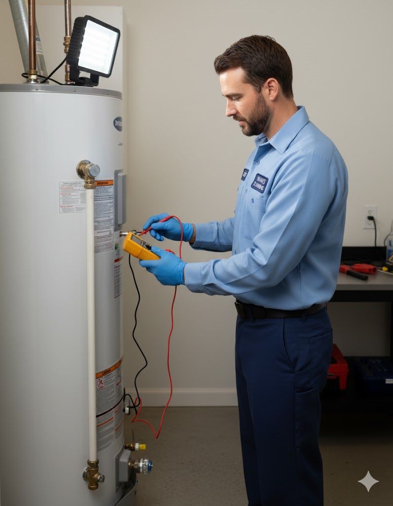 Plumber in blue uniform, using a multimeter on a water heater in a utility room.