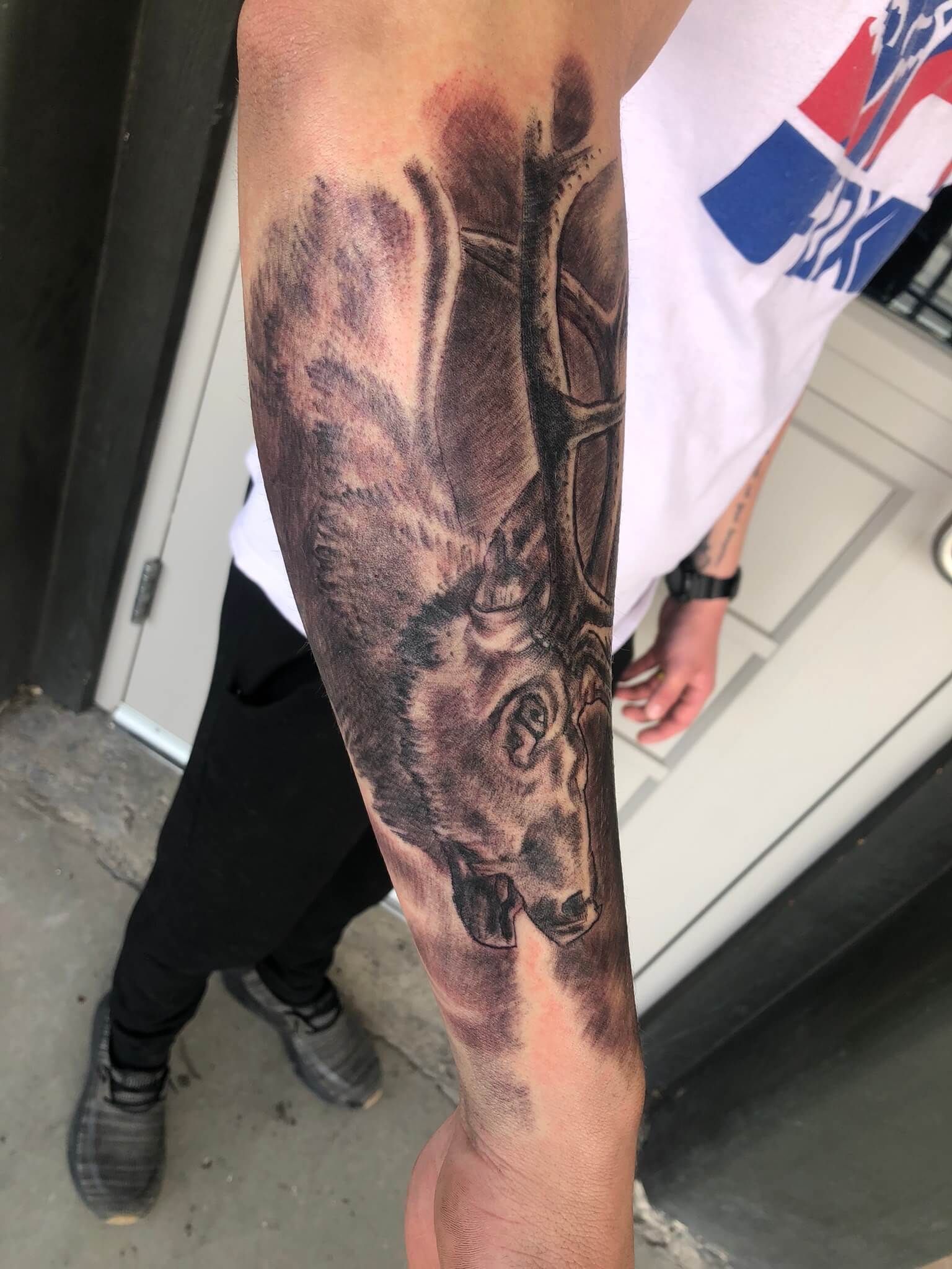 A man has a tattoo of a wolf on his arm.