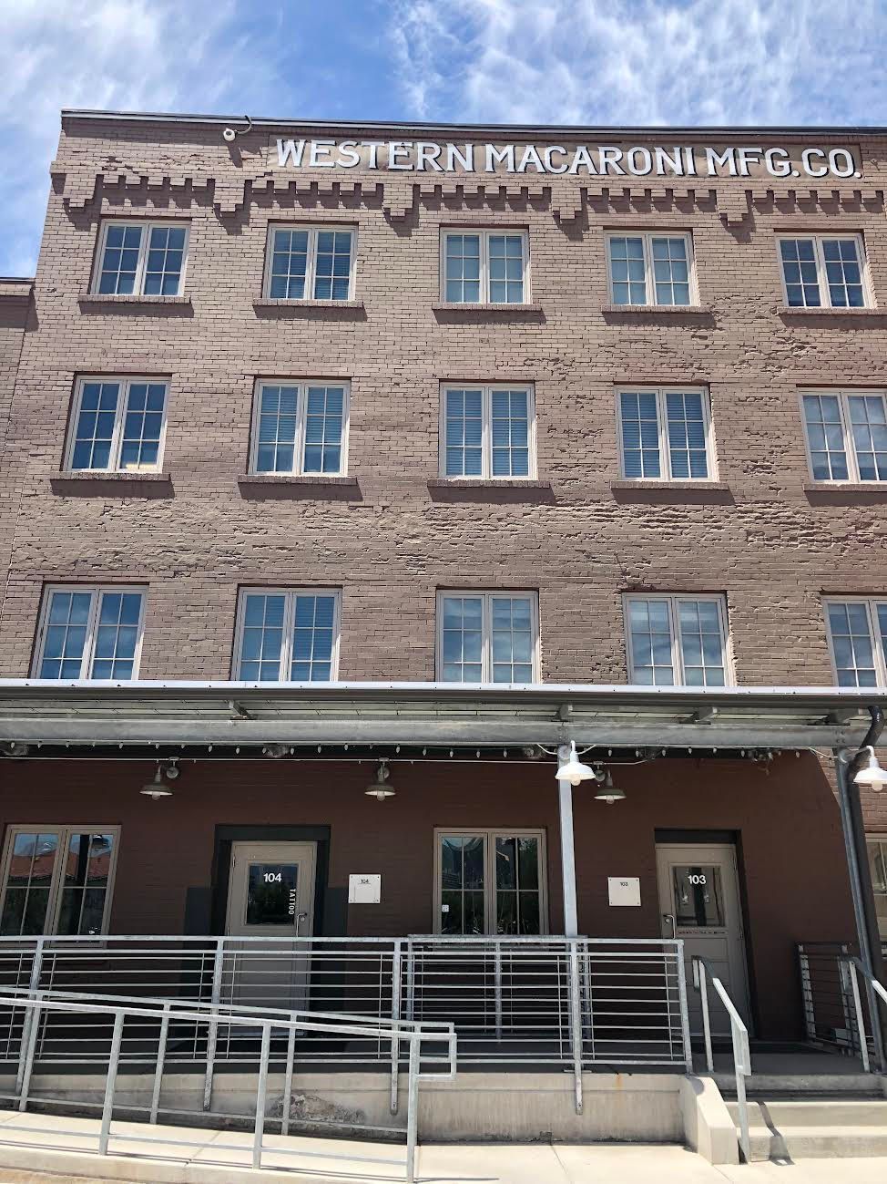 Red brick building with the text 