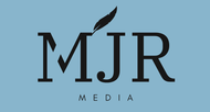 A logo for mjr media with a feather in the middle