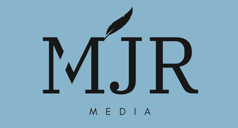 A logo for mjr media with a feather in the middle
