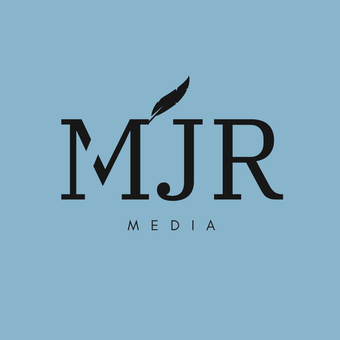 A logo for mjr media with a feather in the middle