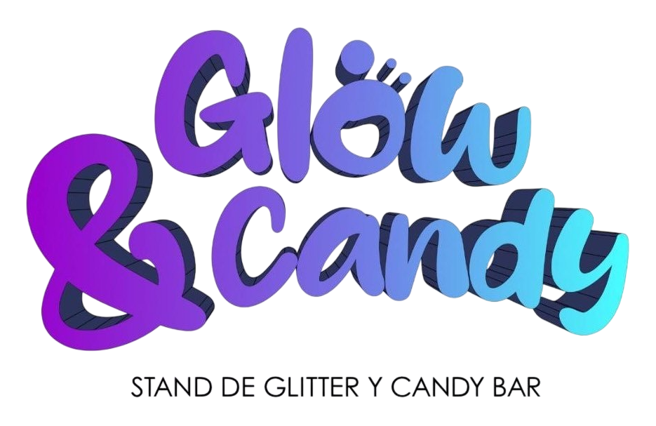 Logotipo morado y azul “Glow & Candy” con el texto “Stand de glitter y candy bar”