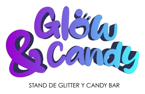 Logotipo morado y azul “Glow & Candy” con el texto “Stand de glitter y candy bar”