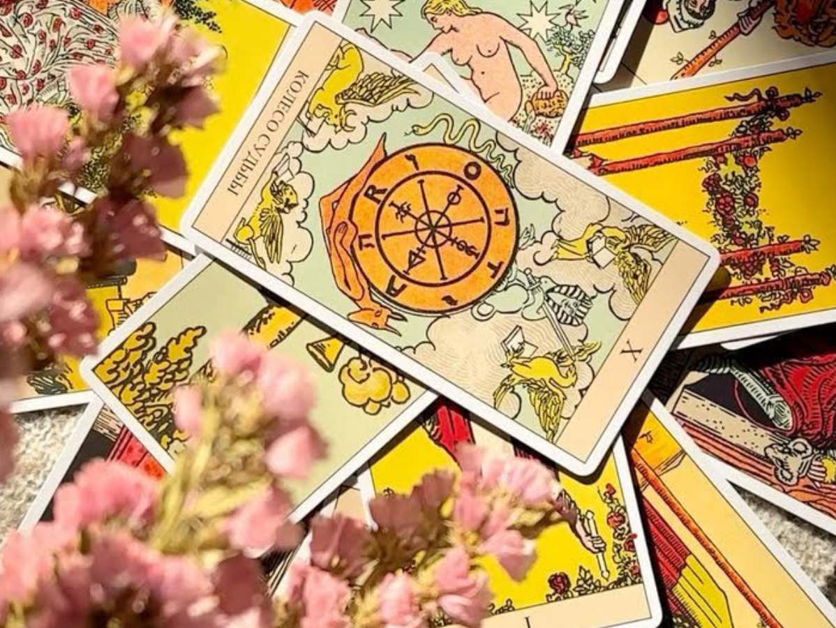 A spread of various tarot cards, including the Wheel of Fortune, partially obscured by stems of small pink flowers.