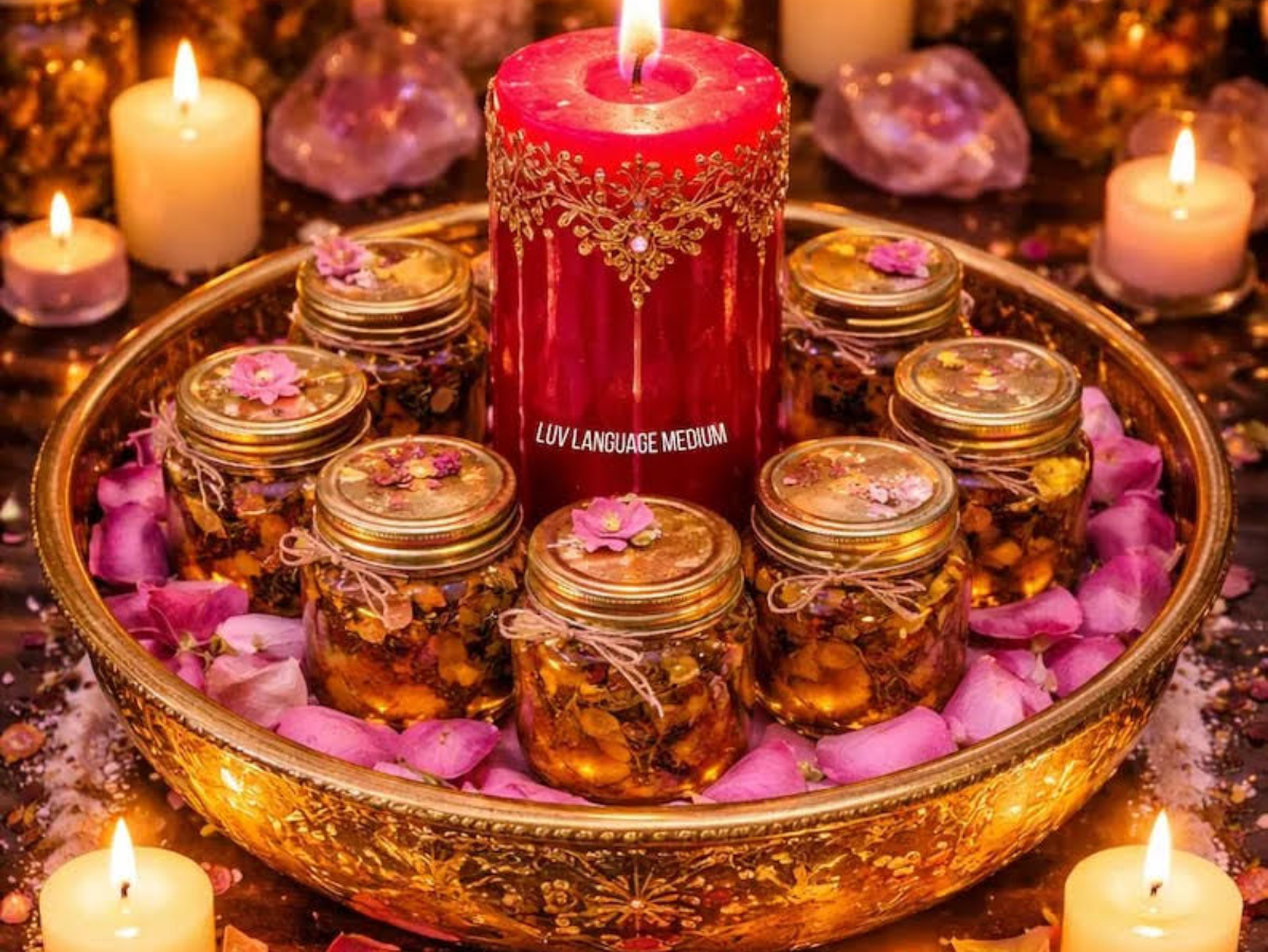 A large red candle and seven small jars filled with honey and flower petals sit in a gold tray surrounded by lit candles.