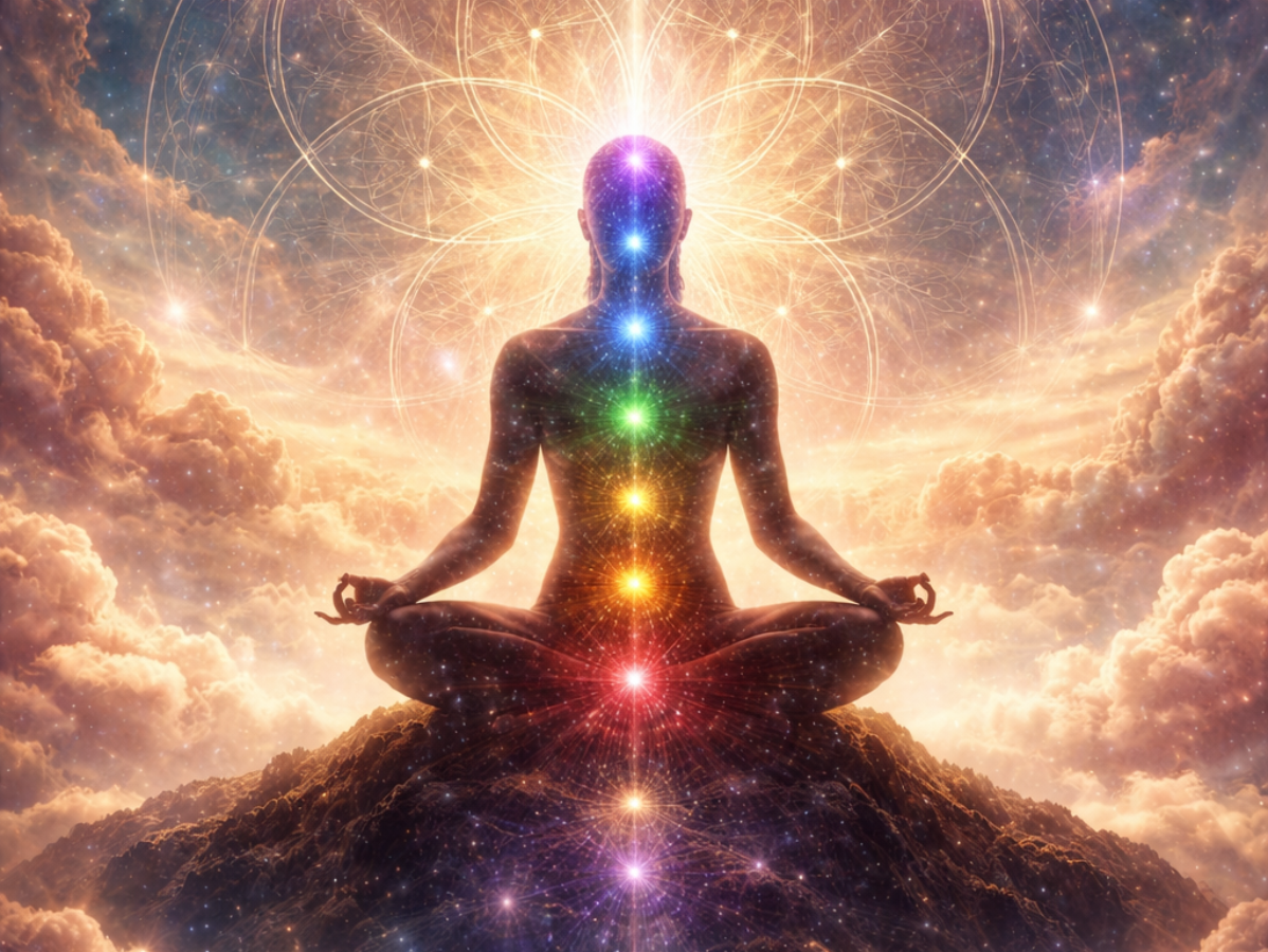 A figure in a meditative pose on a mountain, surrounded by glowing clouds and seven vertical chakra light points.