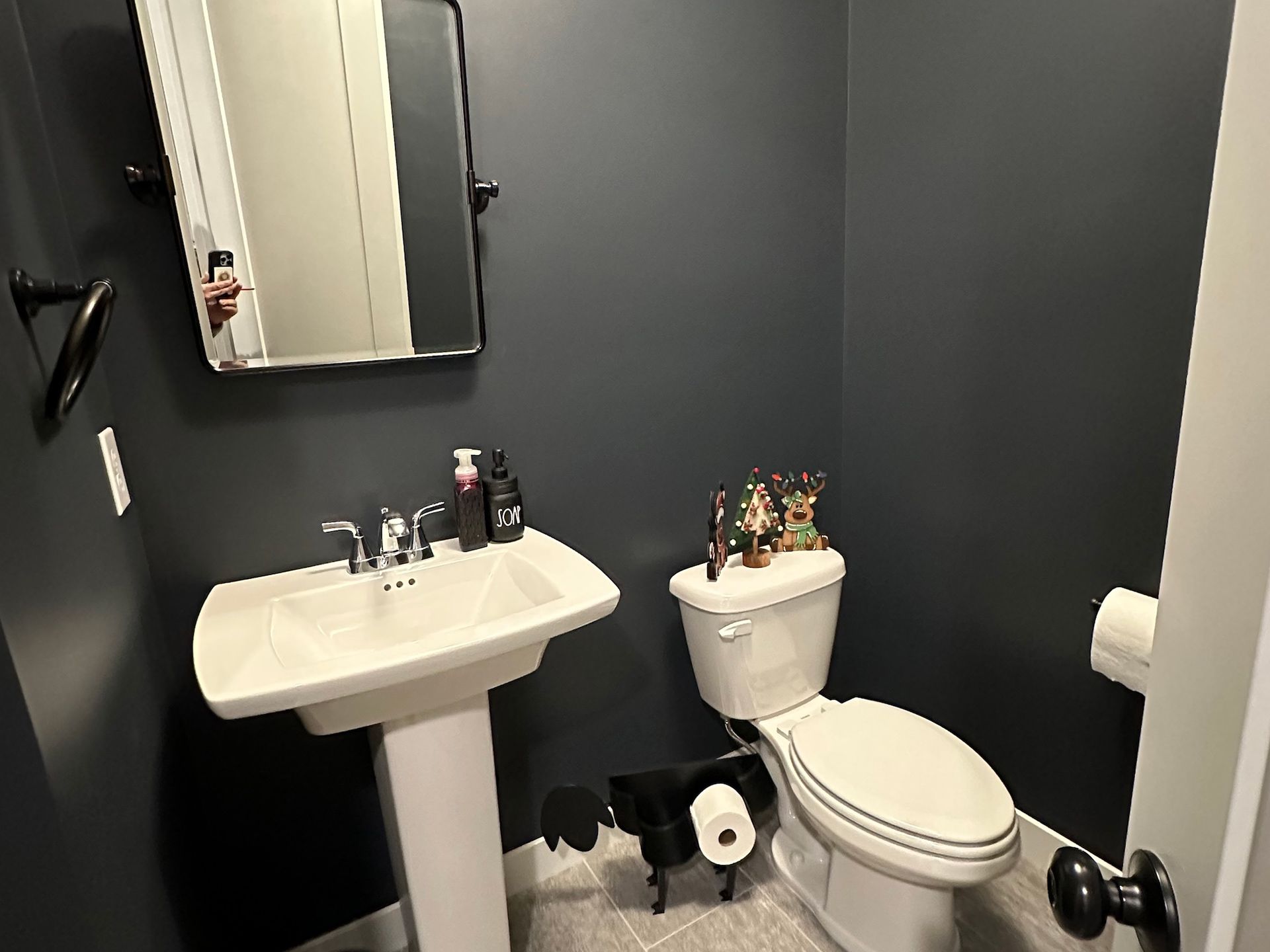 Dark blue powder room with pedestal sink, toilet, mirror, and decorative accents.