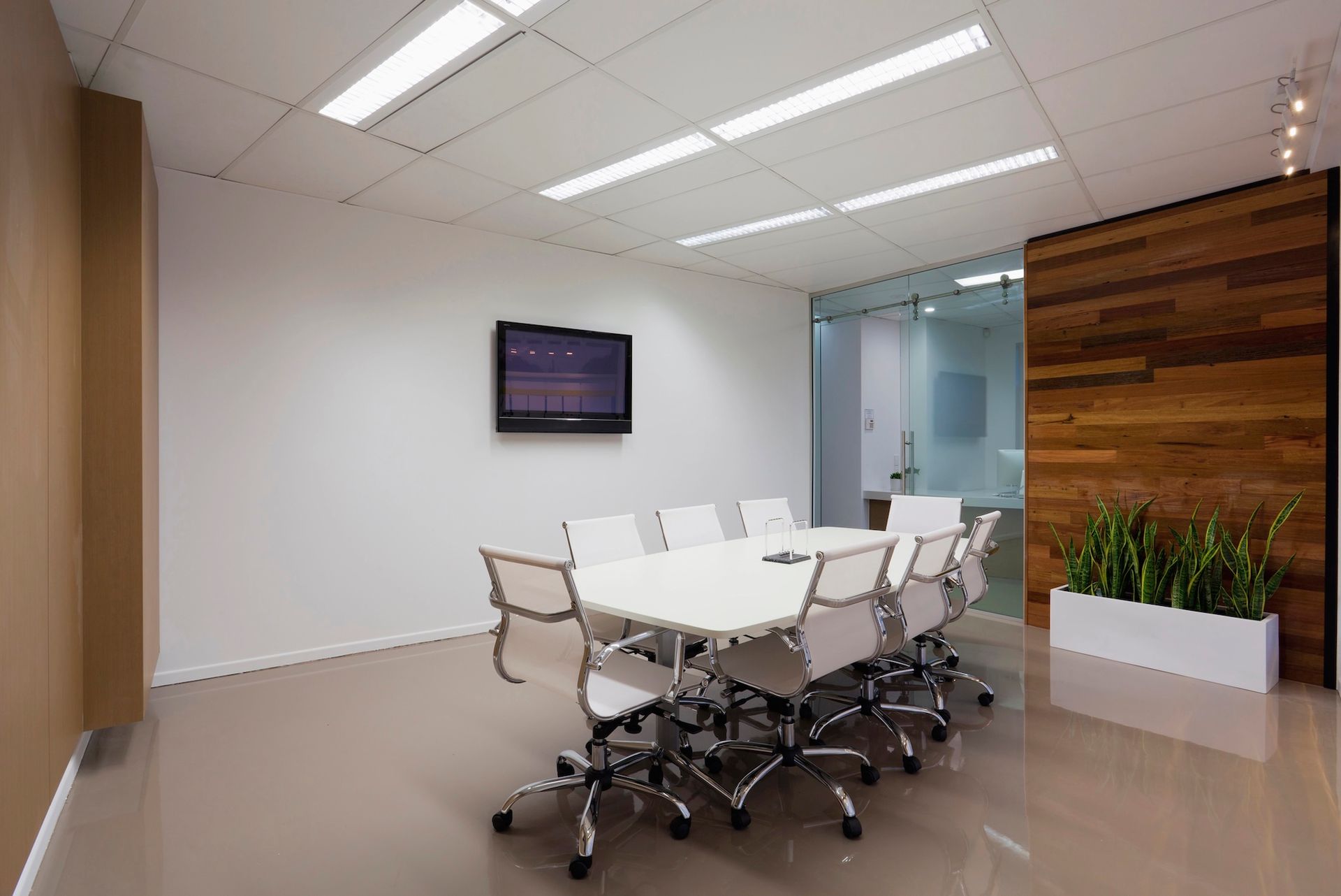 Modern conference room with white table, chairs, TV, wood accent wall, and potted plants.