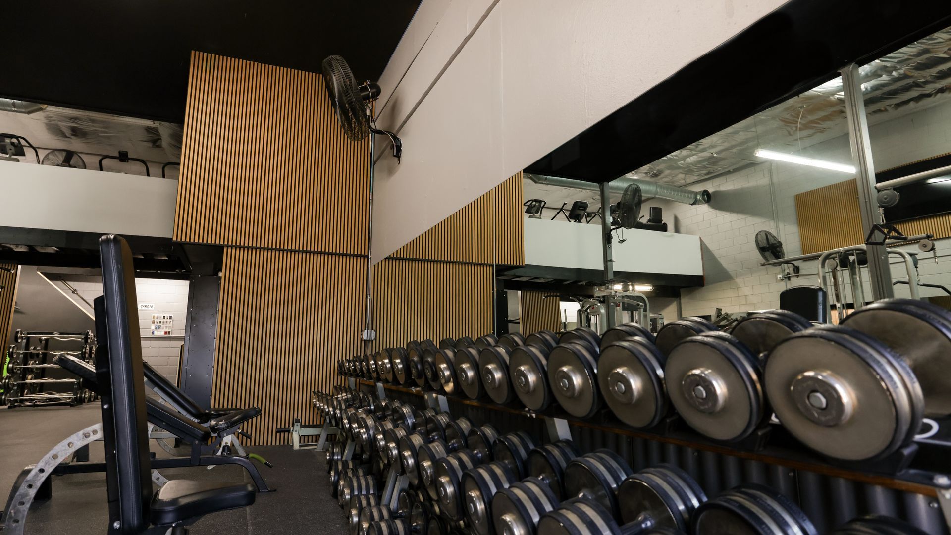 People running on treadmills in a gym; sunny setting.