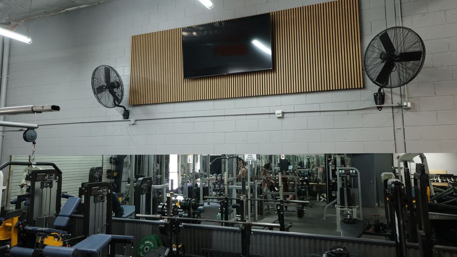 Woman in a gym doing a side lunge with a medicine ball. The gym is bright and has weight equipment. Woman in a gym doing a side lunge with a medicine ball. The gym is bright and has weight equipment.