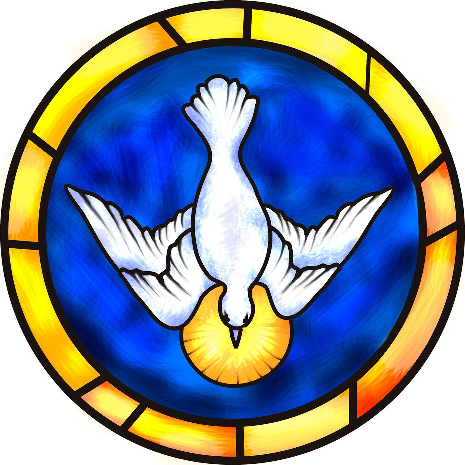 A stained-glass window with a white dove (holy spirit) on a blue background