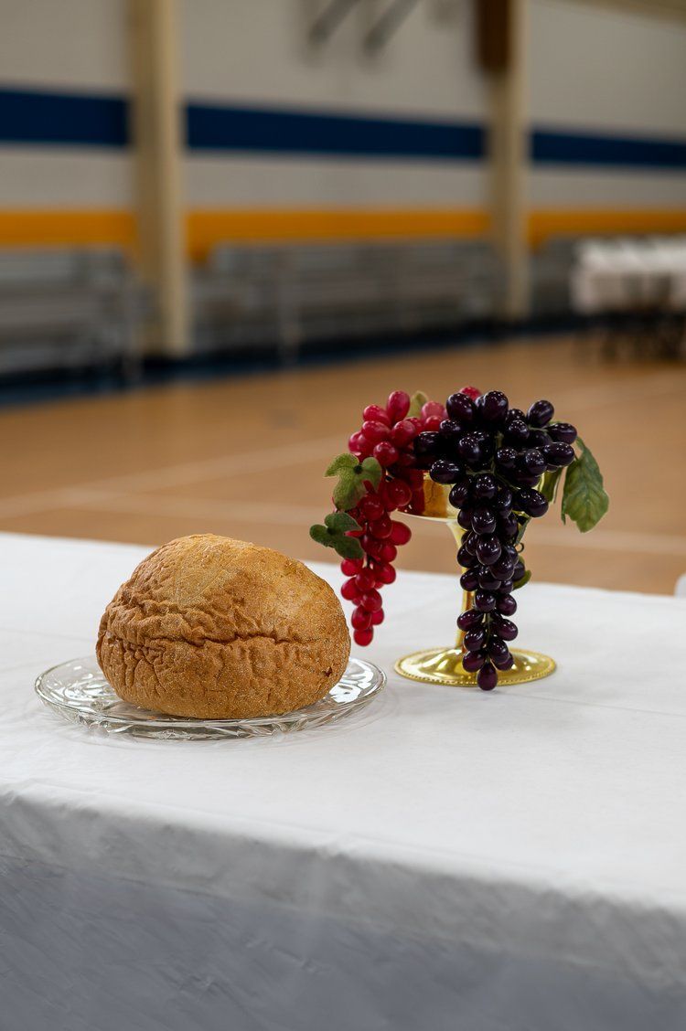 A bunch of bread and grapes are on a table.