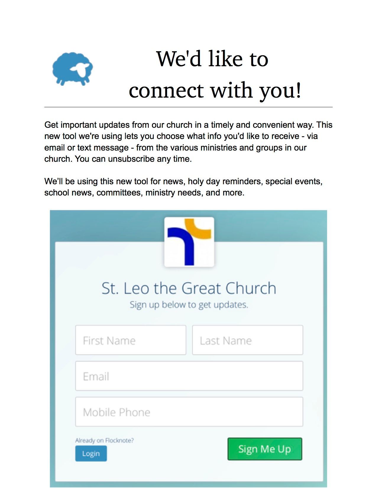 A screenshot of a sign up page for st. leo the great church.