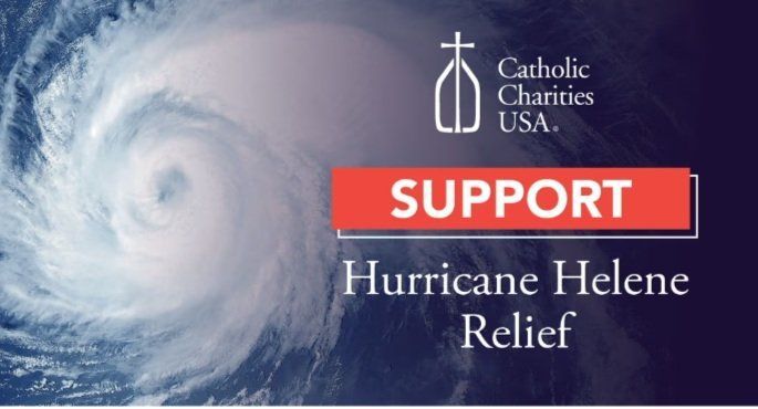 An advertisement for catholic charities usa supporting hurricane helene relief