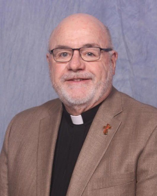 A man with glasses and a beard is wearing a suit, tie and clergy collar