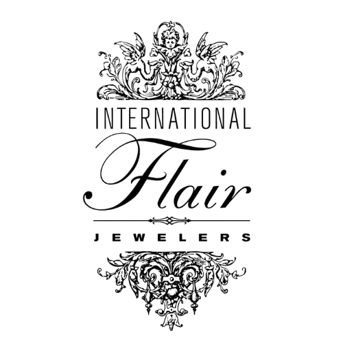 A black and white logo for international flair jewelers.