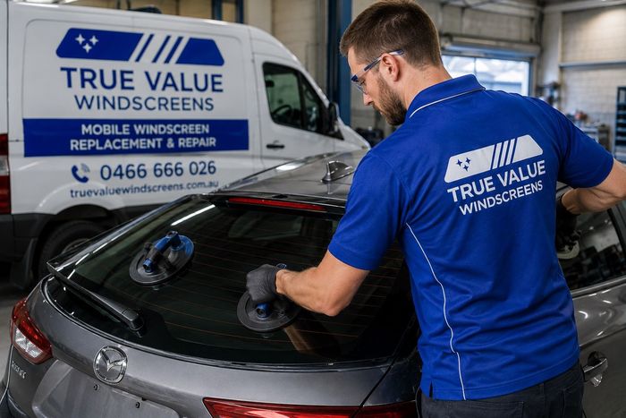 A Man Putting the Film on The Windscreen A Man Putting the Film on The Windscreen