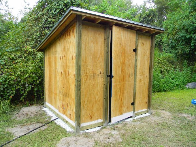 A newly built wooden shed.