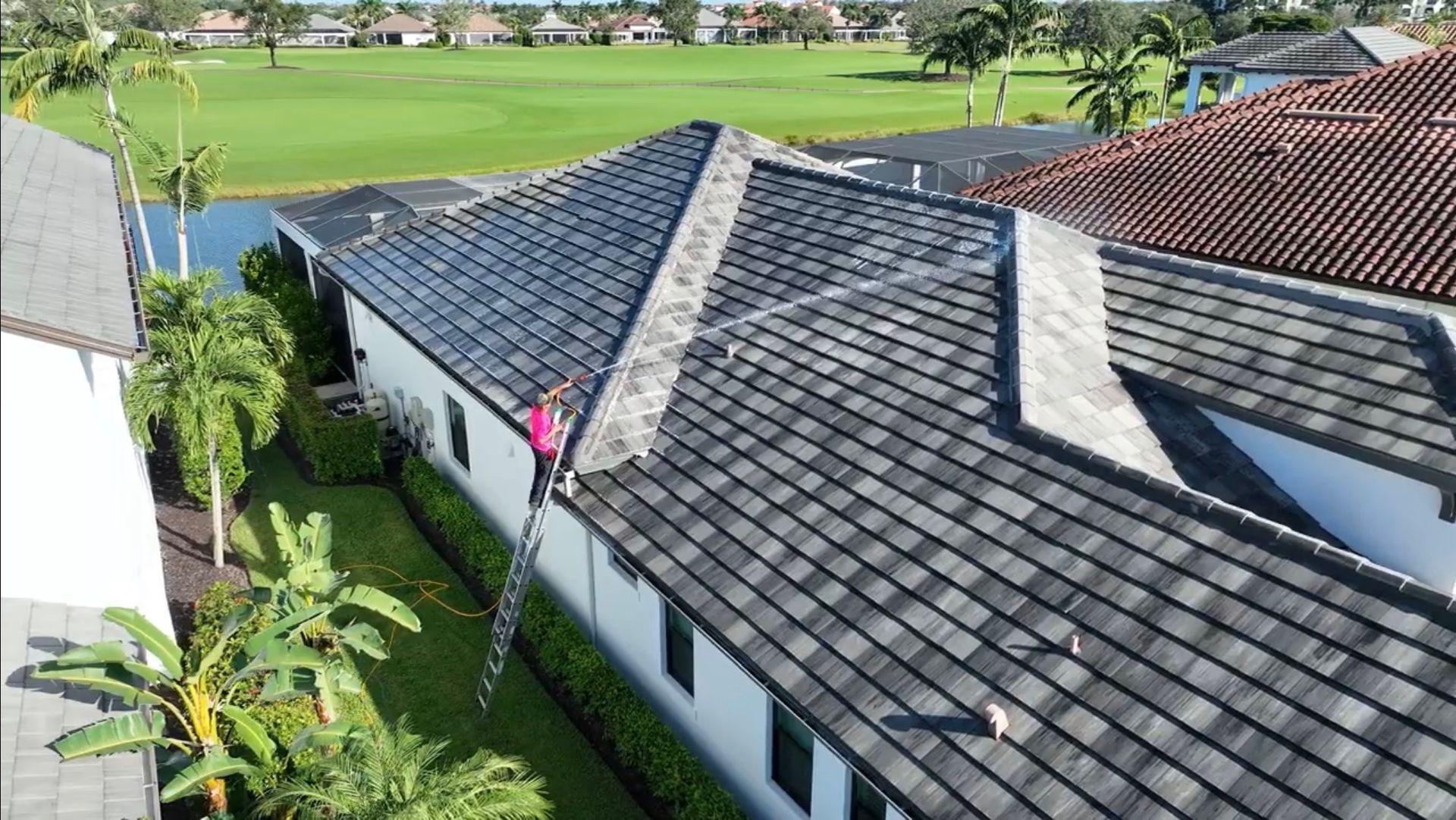 A collage of four pictures of a roof with trees in the background.