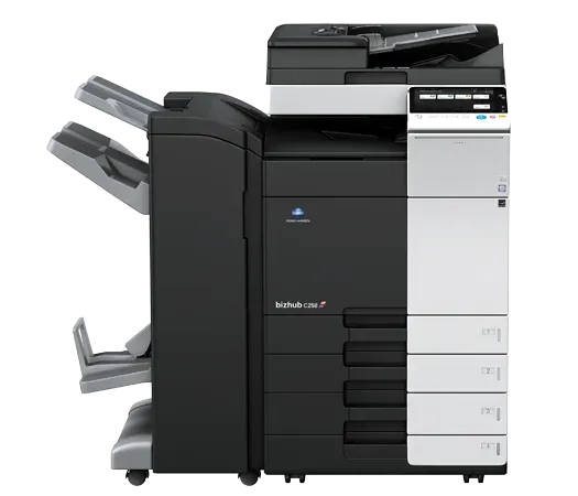 A black and white printer is sitting on a white surface.