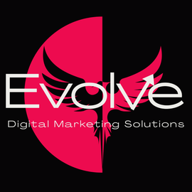 Logo for Evolve Digital Marketing Solutions: a white phoenix icon against a pink half-circle on a black background.
