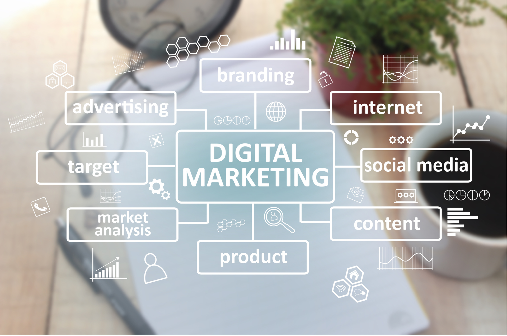 Digital marketing concept with laptop and floating icons for branding, social media, content, and advertising