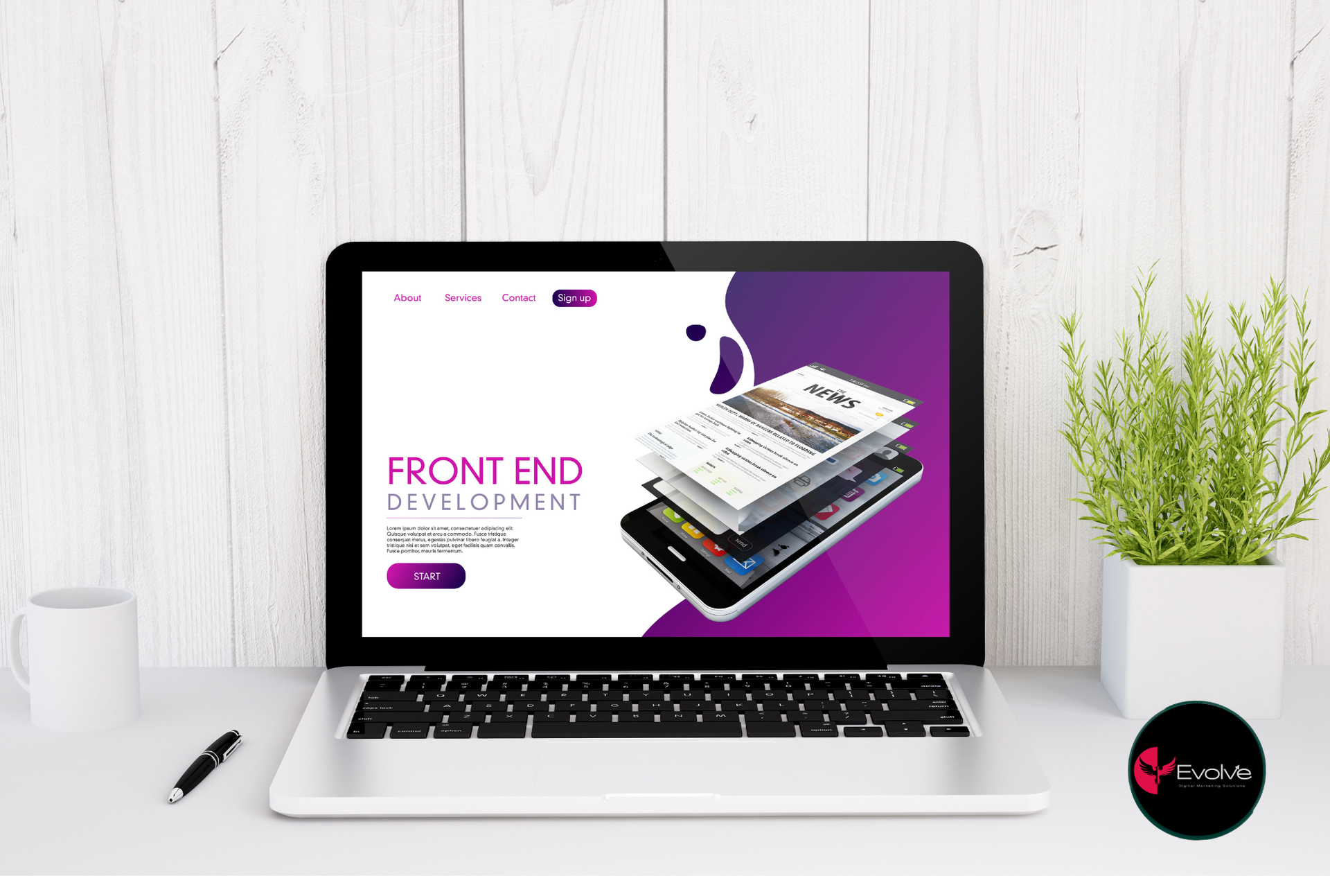 Laptop on white desk showing a pink and purple frontend portfolio design mockup