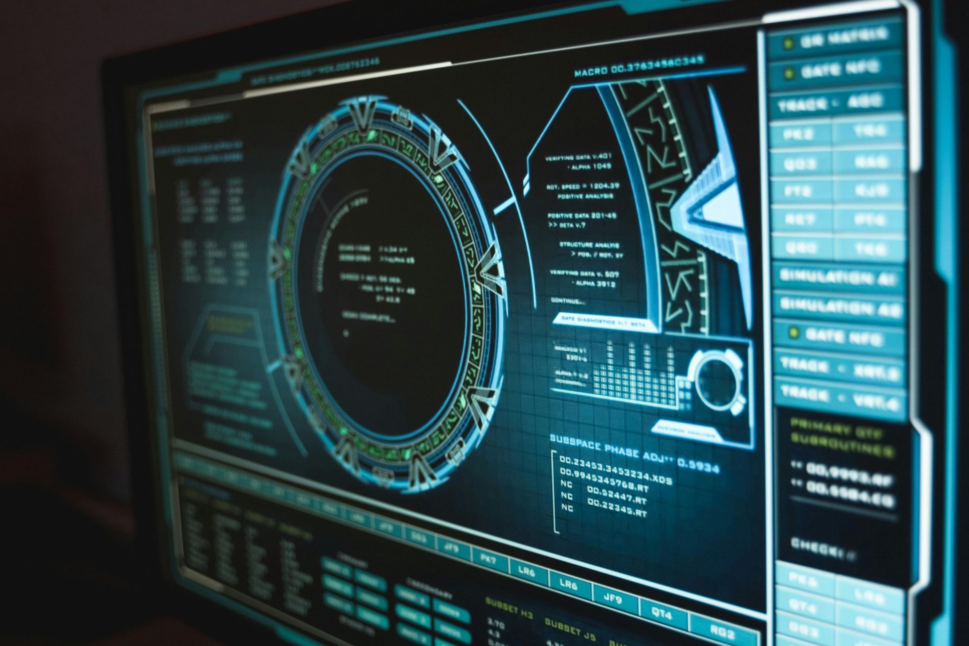 Futuristic computer dashboard with glowing blue circular data display and side panels on a dark screen