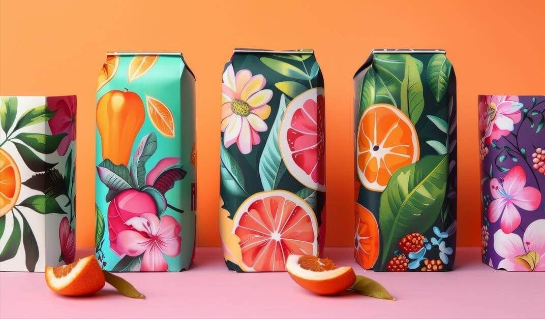 A row of juice boxes with different designs on them to signify branding asset packages.