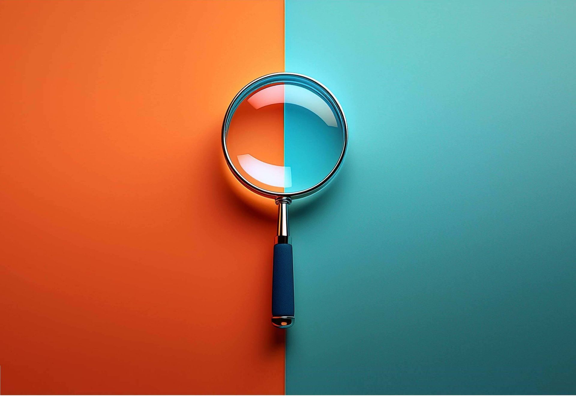 A magnifying glass is sitting on a blue and orange background.