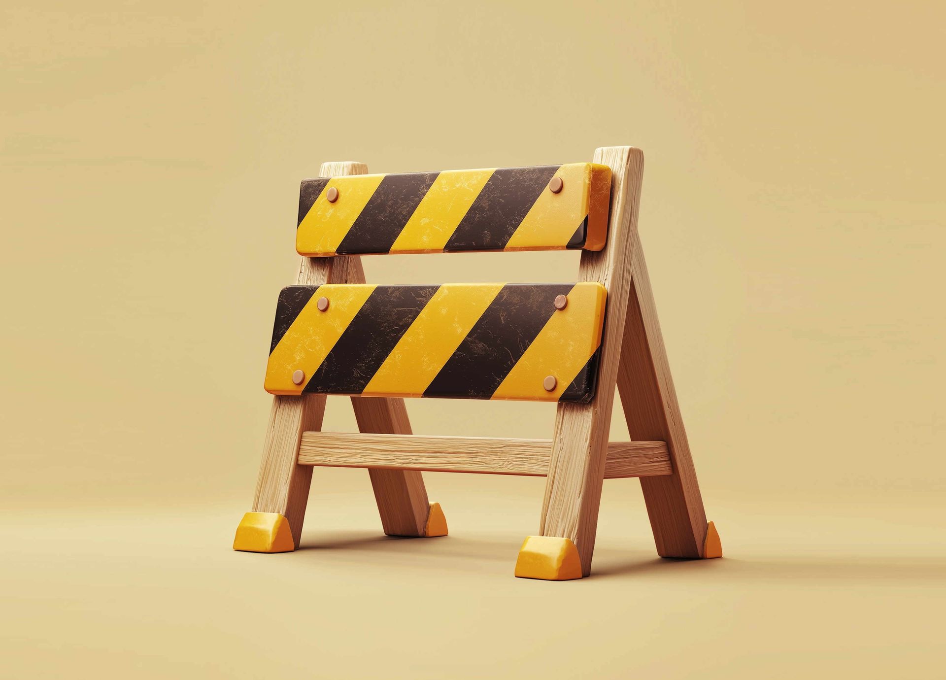 A wooden construction barrier with yellow and black stripes on a beige background.