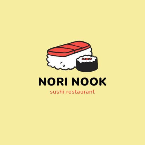 A logo example for a sushi restaurant with a piece of sushi and a roll.