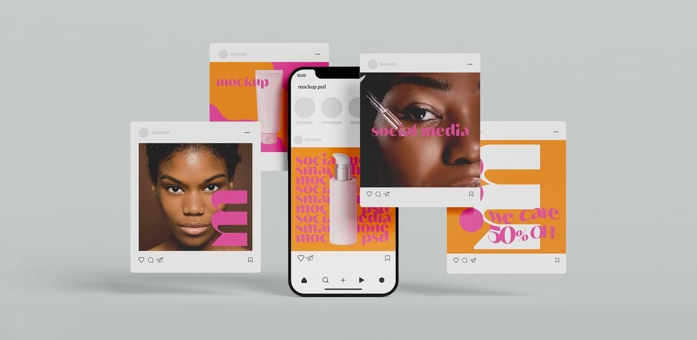 A phone with a social media preview is surrounded by images from an extended social media creative plan. 