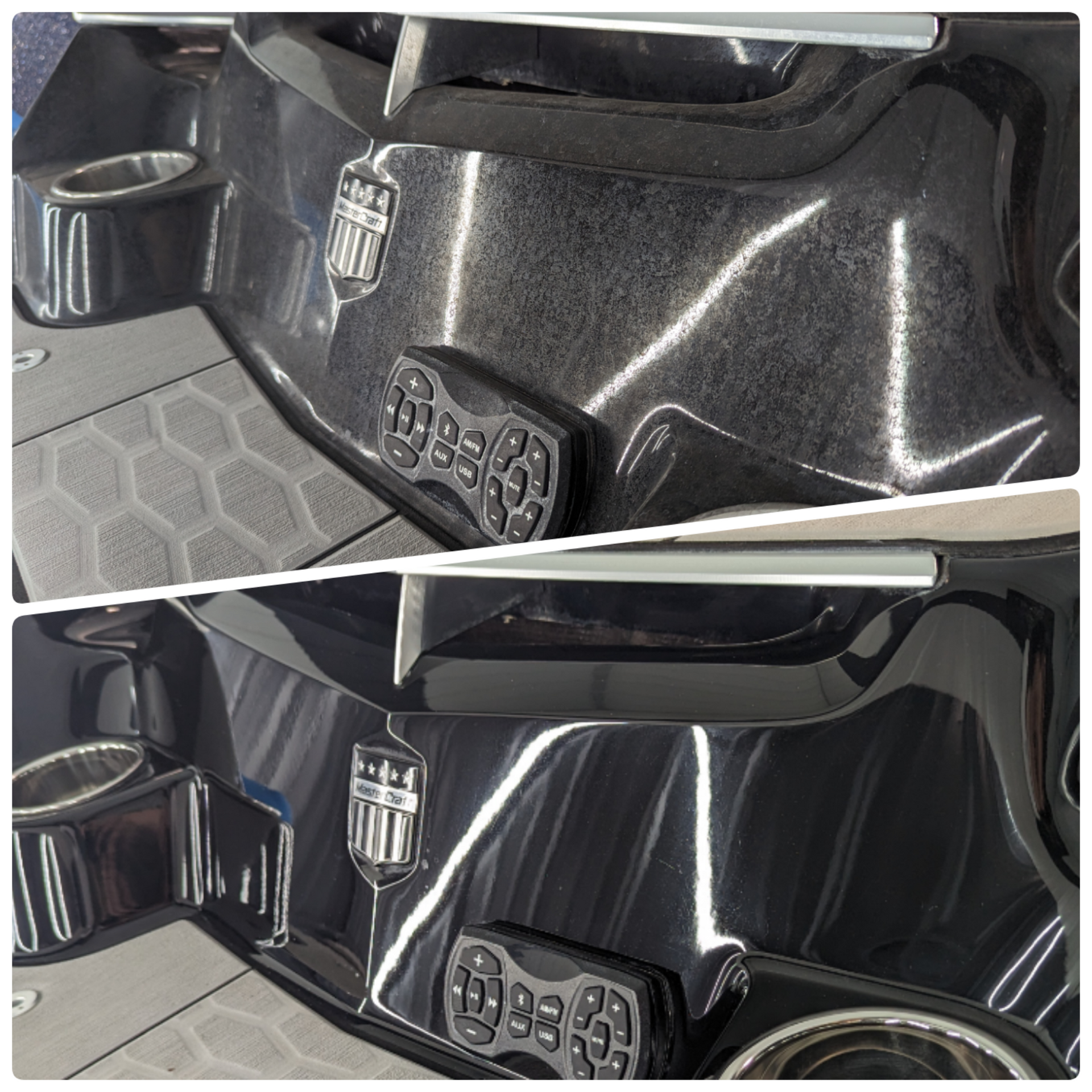 A before and after photo of a black car