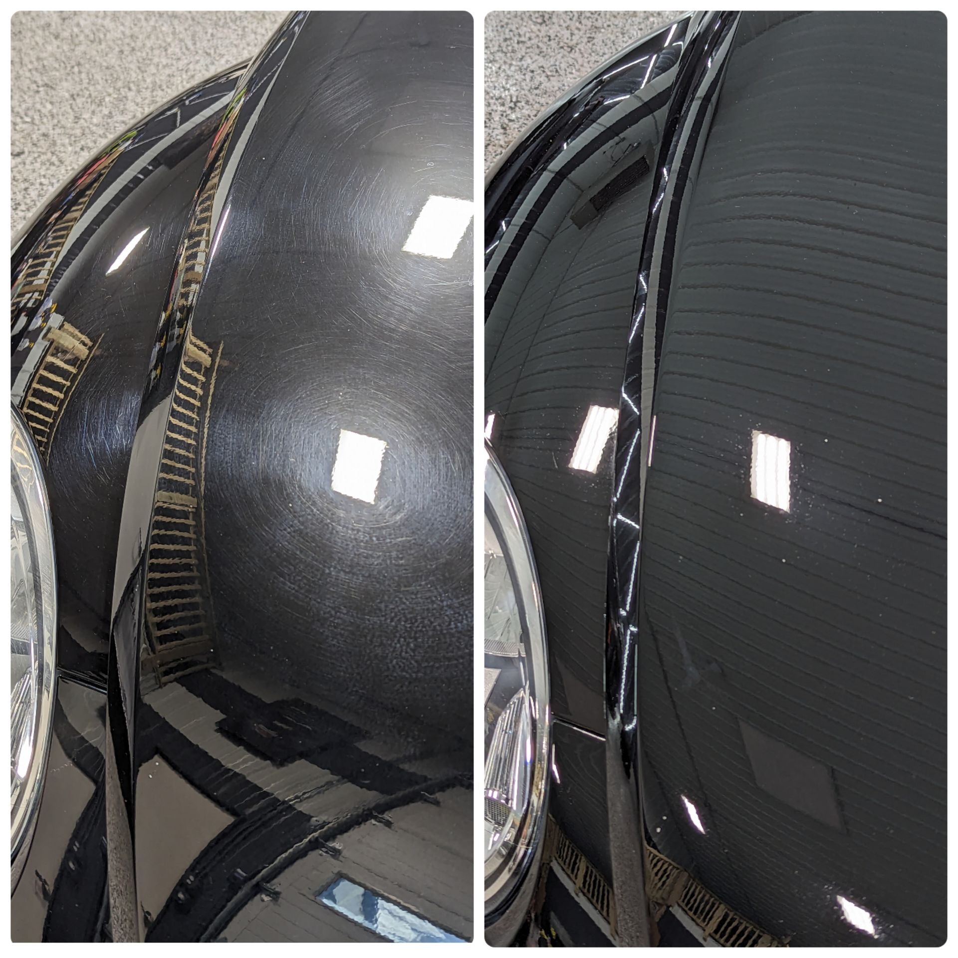 A before and after photo of a black car