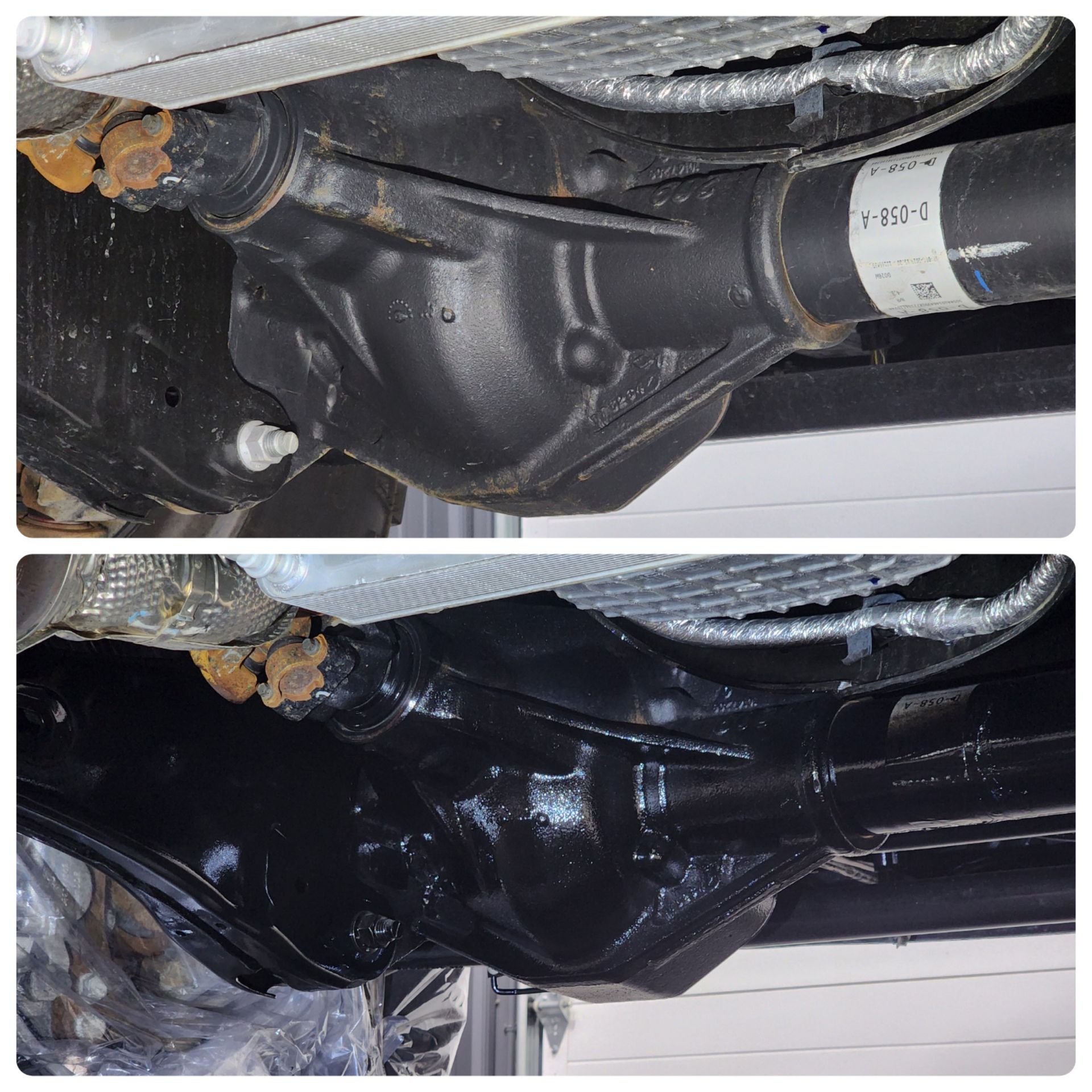 A before and after picture of a rear differential on a truck.