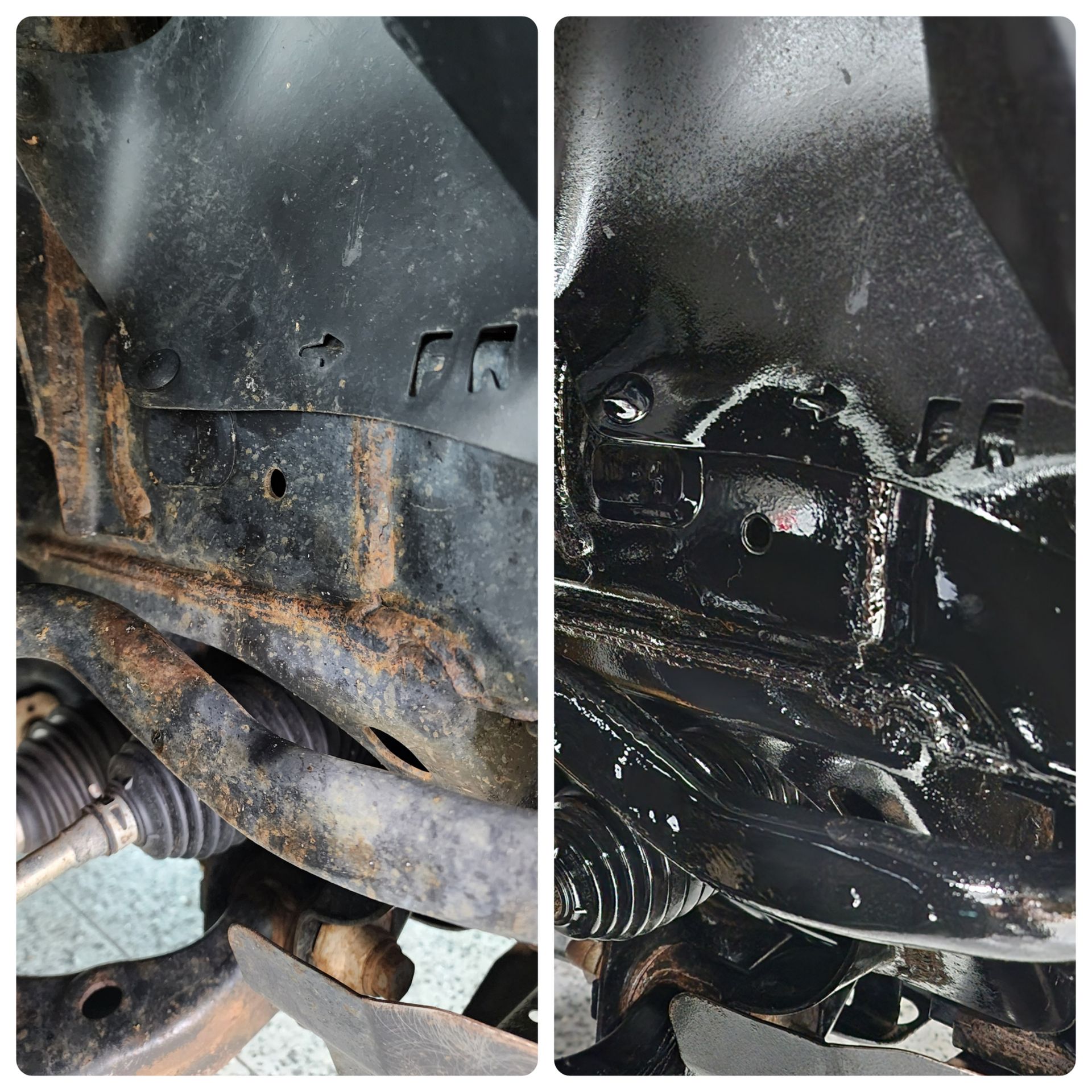 A before and after picture of a rusty vehicle.