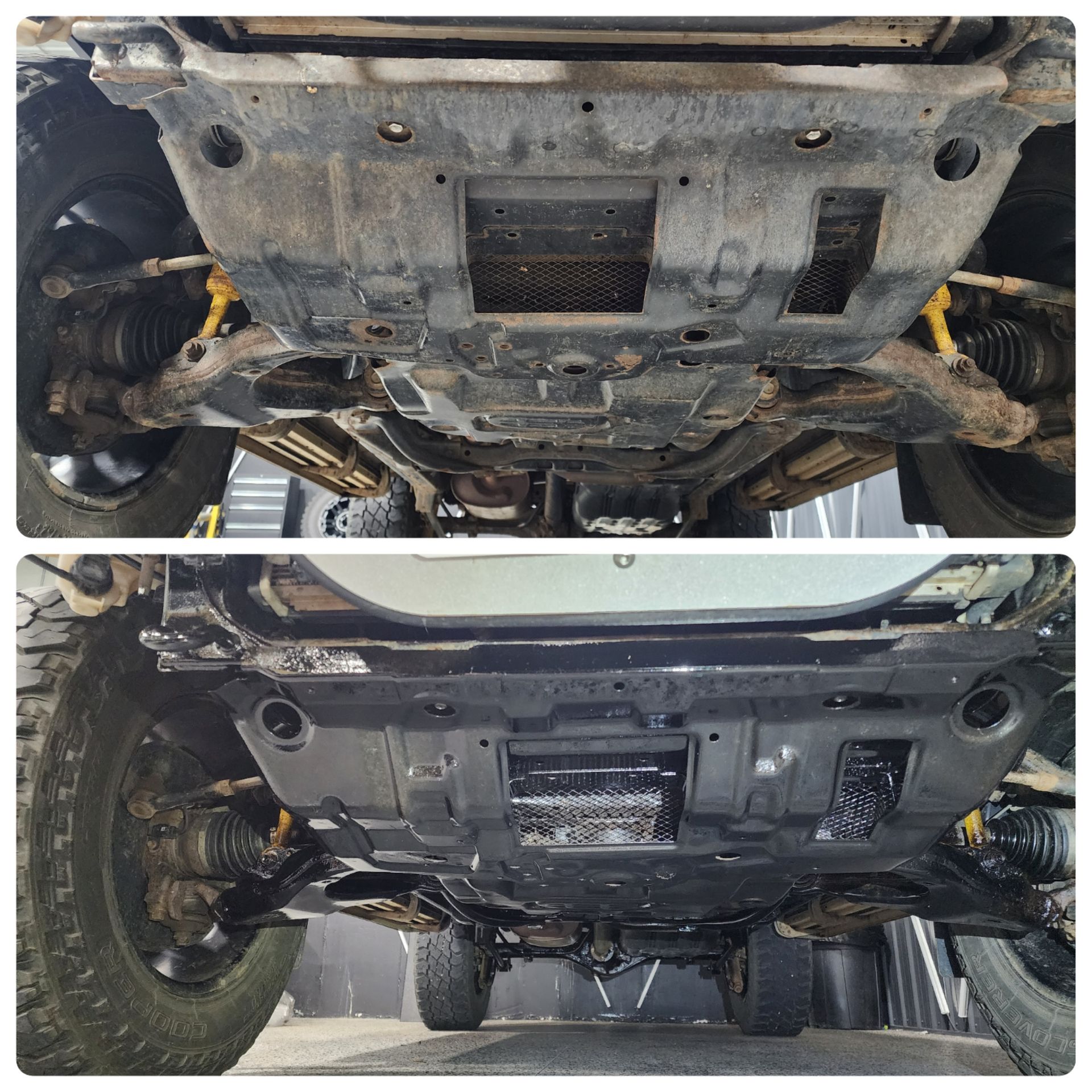 A before and after picture of the underside of a car