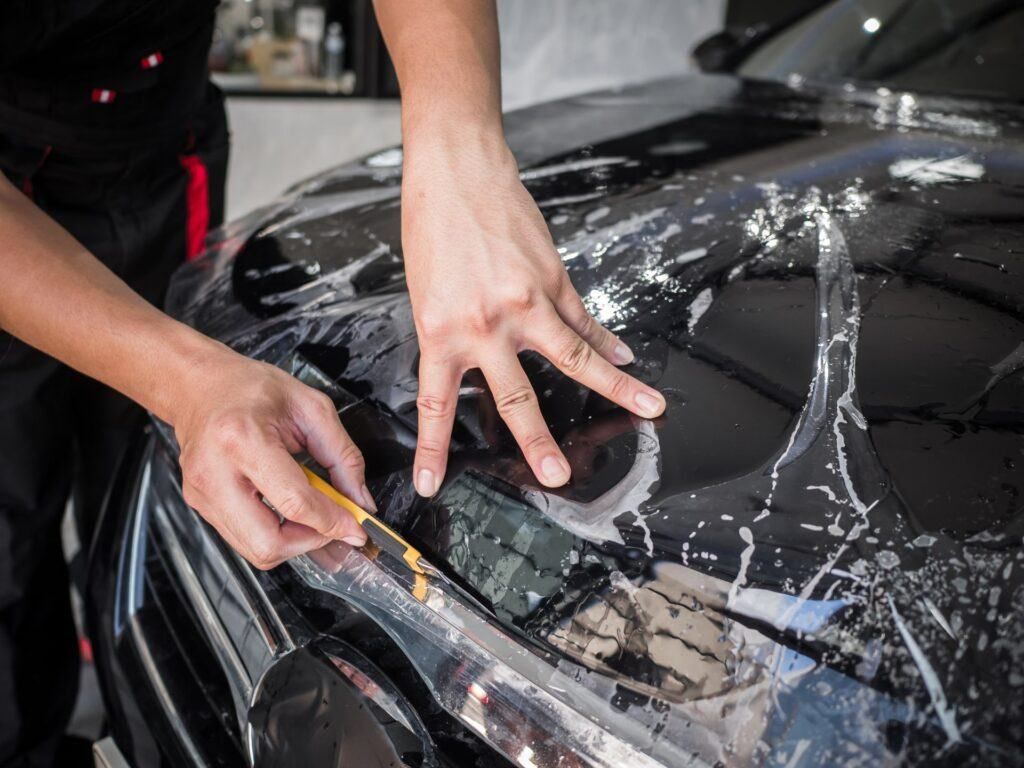 A man is applying a protective film to the hood of a car.