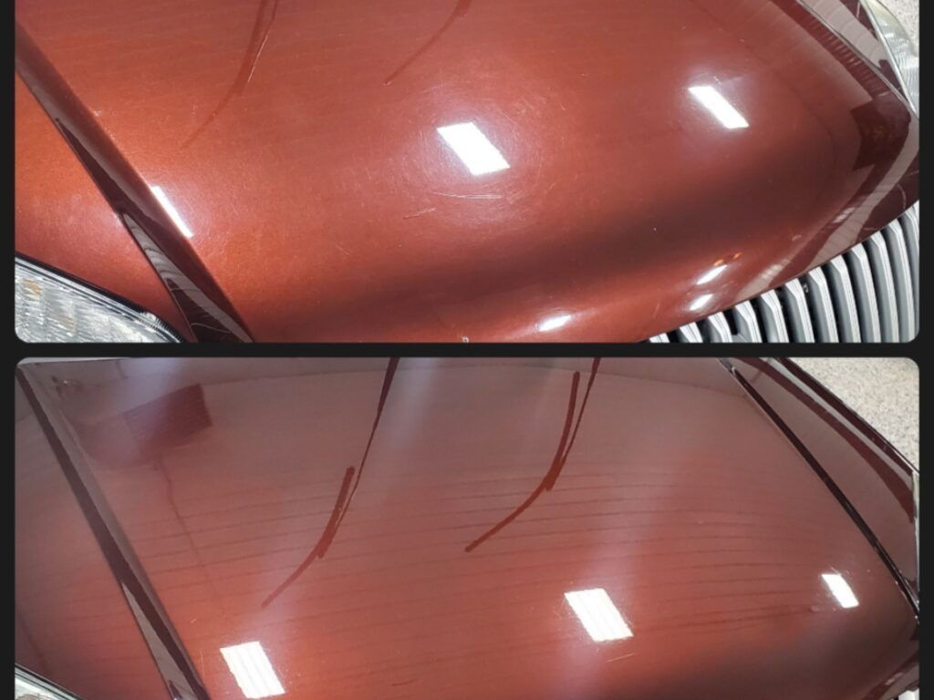 A before and after picture of a car hood.