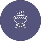 An icon of a grill with smoke coming out of it on a purple background.