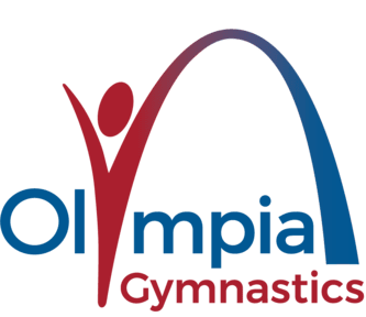 red and blue logo with gymnast and arch
