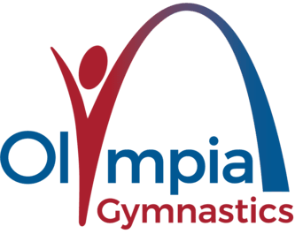 red and blue logo with gymnast and arch