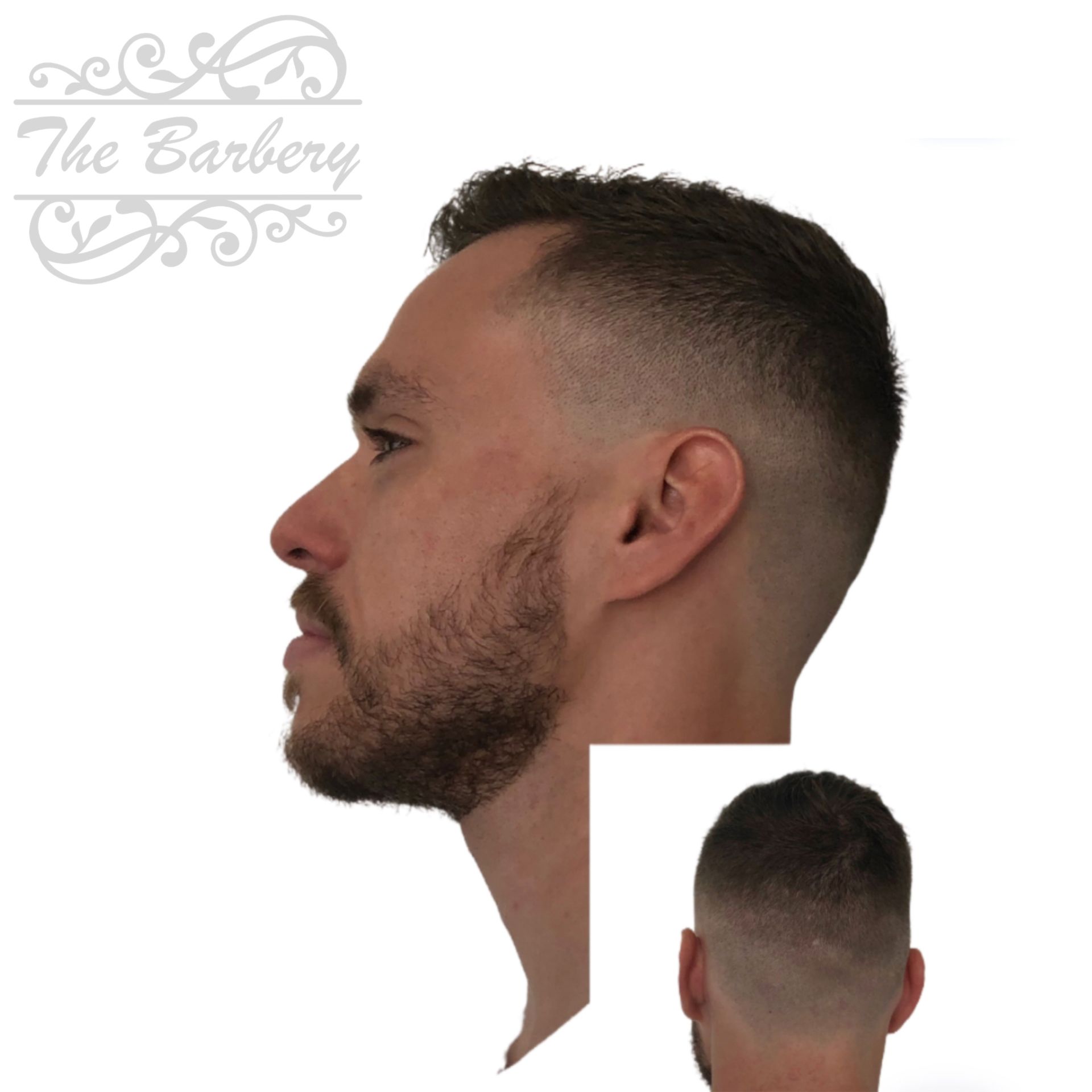 Man's profile with a fade haircut and beard, with a smaller back-view of the haircut below.