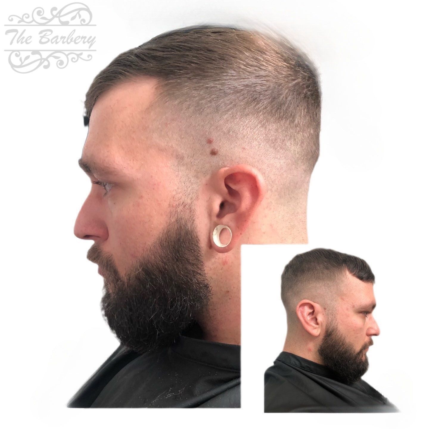 Man with a fade haircut and a full beard, side profile. Additional smaller side profile shot.